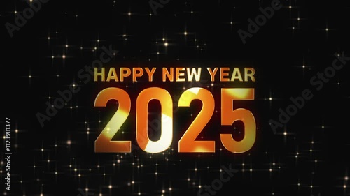 Golden text of Happy New Year 2025. Motion graphics of glittering gold particles falling.