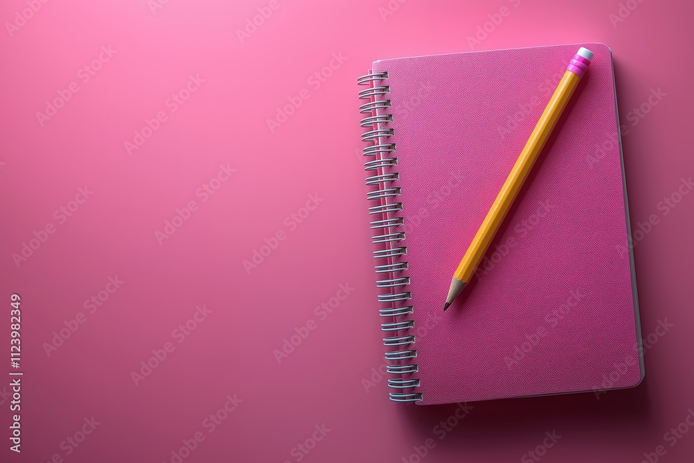 Colorful pink notebook with a pencil on a bright pink background Colorful pink notebook with a pencil on a bright pink background