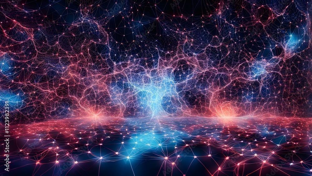Obraz premium Abstract digital landscape with interconnected nodes and vibrant colors.