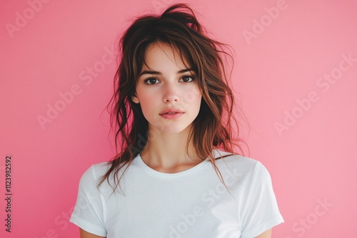 Portrait of a beautiful young brunette woman in a white T-shirt on a pink background.