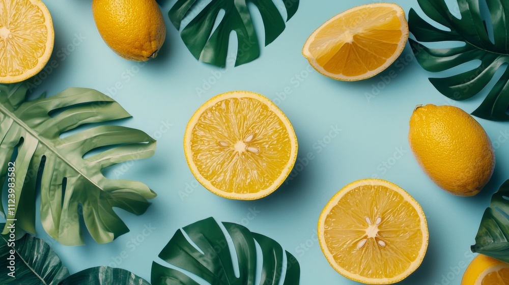 Fresh yellow lemons and green leaves on a pastel blue background