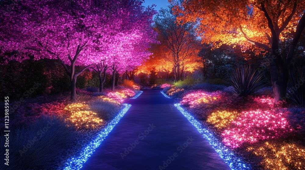 Fototapeta premium A vibrant pathway illuminated by colorful flowers and trees in a serene evening setting.