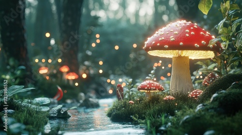 Glowing mushrooms near stream in enchanted forest. photo