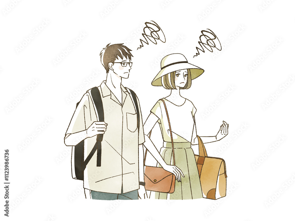 Fototapeta premium 夏に旅行をする困った表情の男女
