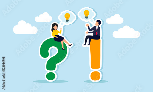 A businessman sits on an exclamation mark while a businesswoman sits on a question mark, each talk with a lightbulb labeled dialogue box, differing opinions in sharing business ideas