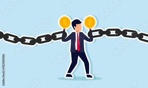 A businessman holds a dollar coin in each hand chained together, illustration of financial rules binding to ensure proper allocation of company finances