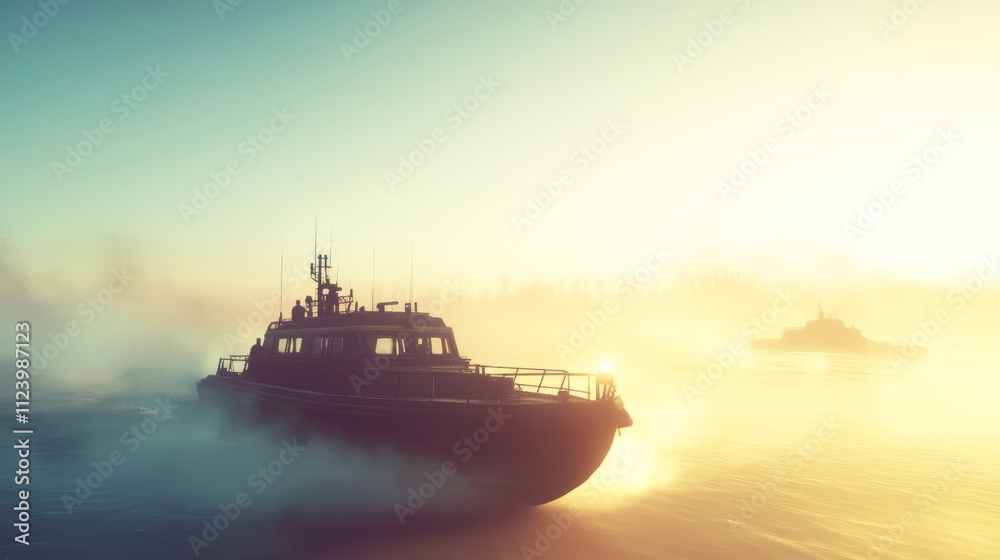 Fototapeta premium Rescue boats navigate through expansive waters, symbolizing hope and determination in the face of vast challenges.