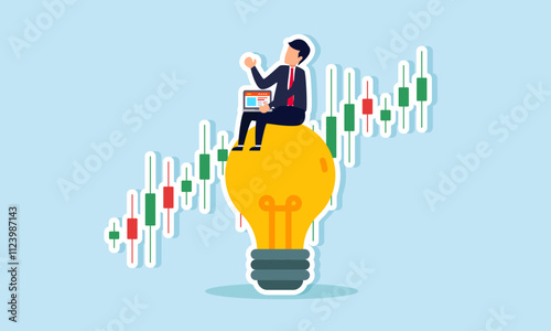 A businessman holds a laptop while sitting on a lamp in front of a stock chart, illustration of creativity in analyzing opportunities to gain profit from stocks