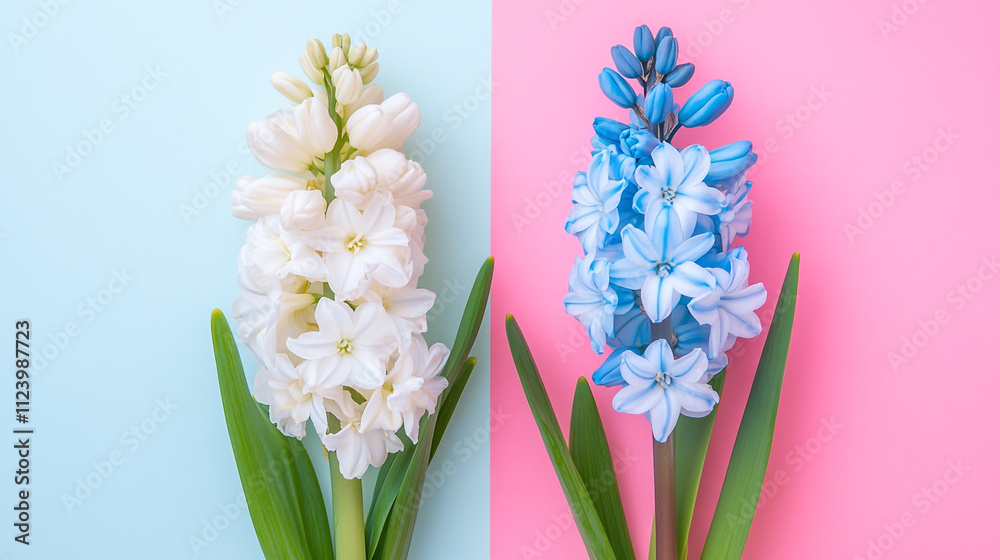 Obraz premium Colorful hyacinths on pastel backgrounds create a vibrant floral display for spring