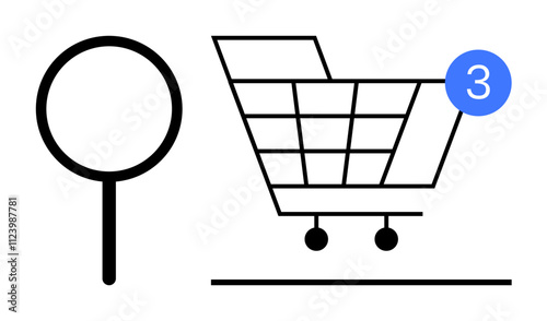 Magnifying glass beside a shopping cart with a notification badge showing the number three. Ideal for e-commerce, online shopping, product search, retail, notifications, digital marketing, website