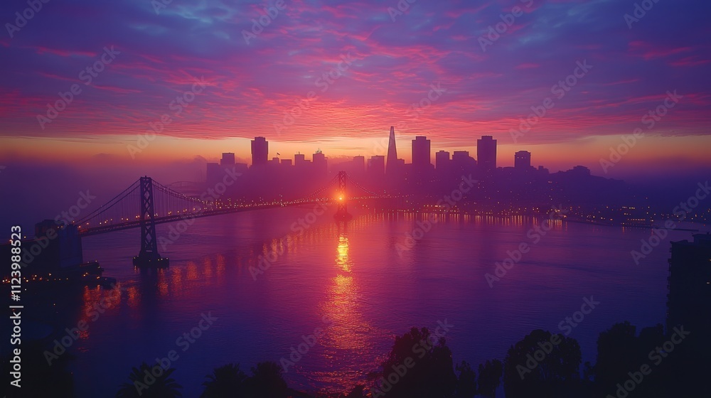 Naklejka premium A vibrant sunset over a city skyline with a bridge and water reflections.