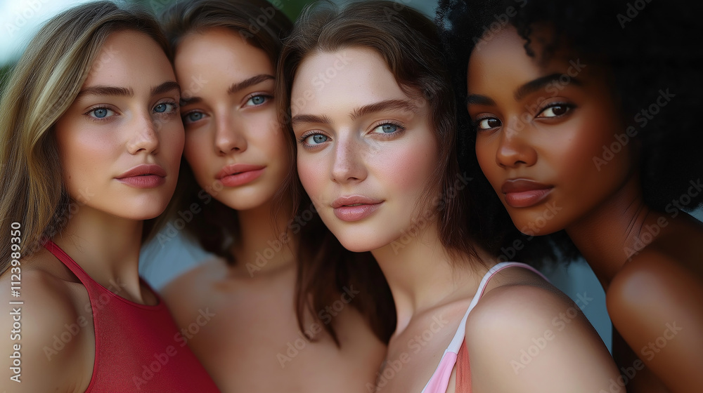 Fototapeta premium Headshot of four beautiful diverse models posing together