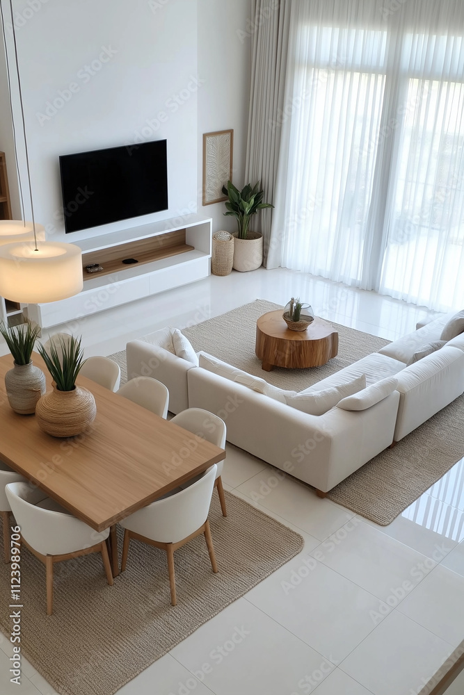 Fototapeta premium Modern living room showcasing comfortable elegance with dining area
