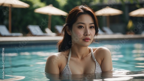 asian Woman wearing bra in swimingpool photo