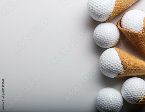 Golf ball ice cream cone isolated white background with space for copy, golfball icecream design concept with room for text