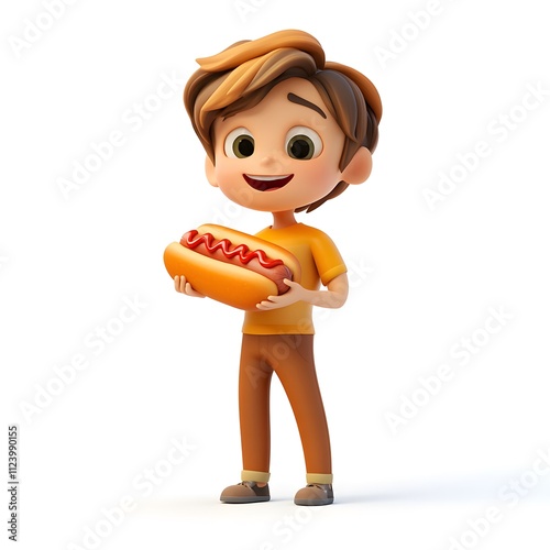 A 3D cartoon human character enjoying a hot dog with white background