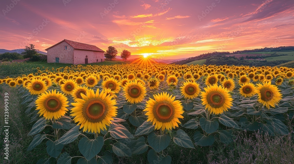 Obraz premium A vibrant sunset over a sunflower field with a rustic house in the background.