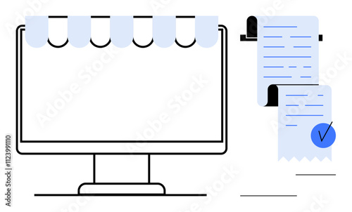 Monitor with awning represents an online storefront. Next to it, receipts emphasize digital transactions. Ideal for e-commerce, online shopping, digital payments, retail, and business. Minimalist