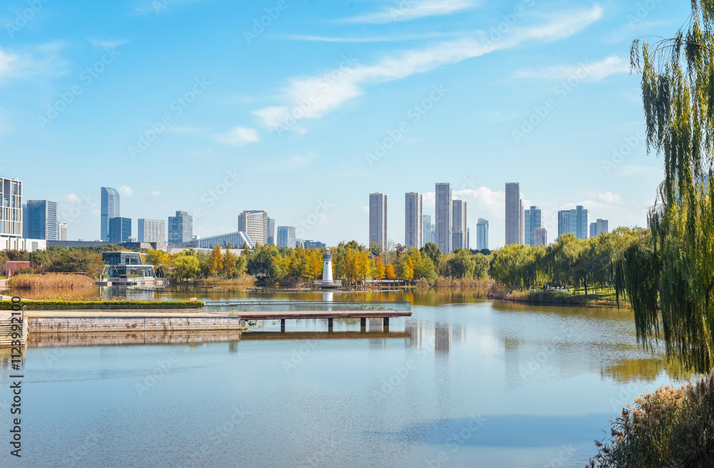 Obraz premium Beautiful landscape of golden autumn season at Yinzhou Park, with background of modern buildings of Southern Business District (Ningbo CBD) in Ningbo, Ningbo, Zhejiang, China