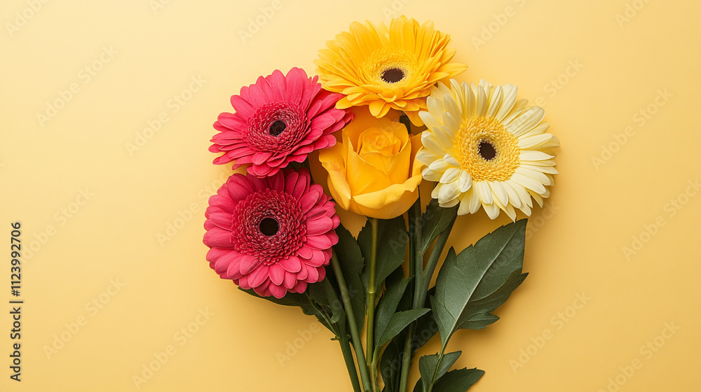 Fototapeta premium Colorful bouquet of gerbera daisies and a rose on a yellow background