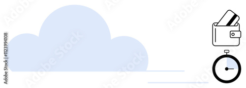 Light blue cloud with wallet holding credit cards and stopwatch suggesting quick transactions. Ideal for finance, technology, e-commerce, cloud services, time management, online security, digital
