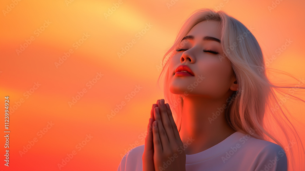 Young woman praying with closed eyes during sunset Young woman praying with closed eyes during sunset