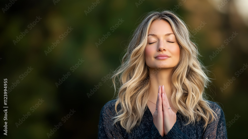 Naklejka premium Young woman meditating outdoors, finding peace and mindfulness in nature