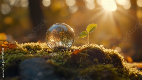 crystal globe with sprouting seedling, sunlit moss bed, ethereal forest bokeh, environmental conservation concept, golden morning rays, macro nature photography
