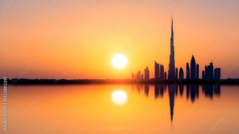 Fototapeta premium Dubai cityscape, modern skyline, sunset, orange sky, silhouette