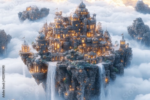 Magical floating city adventure cloudscape fantasy artwork dreamy atmosphere aerial view enchanted world photo