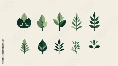 eco-friendly logo elements, abstract nature symbols, modern geometric trees, simplified plant forms, retro-inspired botanical icons, dual green color scheme, clean lines, minimalist design approach,