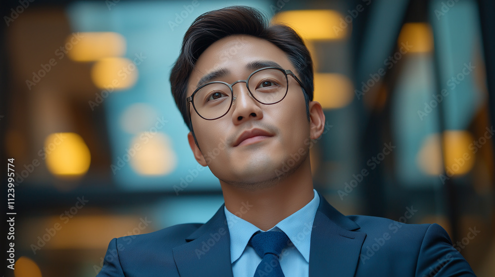 Fototapeta premium Confident businessman looking up in modern office building