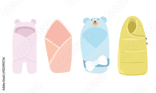 Newborn and infant baby sleeping bag vector set. Envelope and blanket collection for newborn. Blanket for discharging babies from maternity hospital. Baby element.