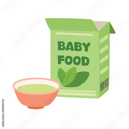 Baby food box vector illustration. Cartoon porridge breakfast package with vegetable. Healthy breakfast for baby with porridge pack and bowl. Baby element flat vector in cartoon style isolated.