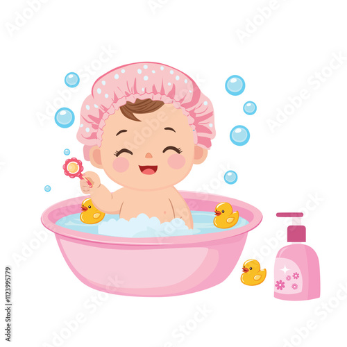 Cute baby takes a bath in the pink bathtub with bubble. Happy baby bathes with foam and toys. Baby element vector. Flat vector illustration in cartoon style isolated on white background.