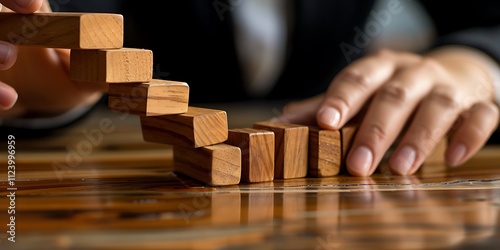 Businesswoman hand arranging wood block with icon business strategy and Action plan, copy space.