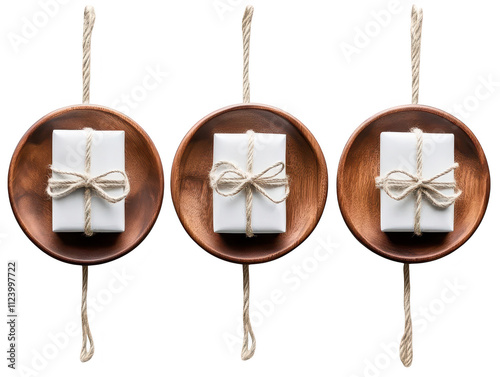 Rustic charm, three wooden plates with twinetied paper scrolls for elegant presentations photo