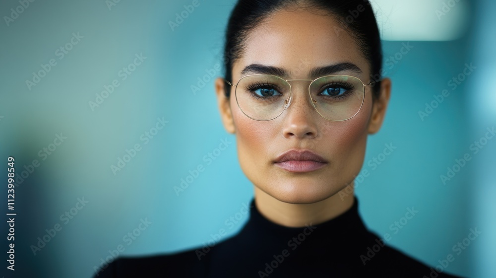 Fototapeta premium A confident businesswoman stands in a contemporary office, demonstrating professionalism and focus while wearing stylish glasses and a chic outfit