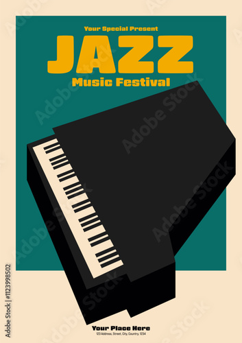 Classic jazz music festival poster template design background. Isometric piano vintage retro style