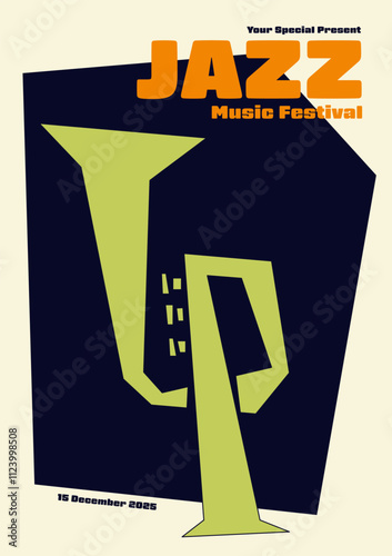 Jazz music festival poster template design background. Abstract shape of trumpet minimal vintage retro style