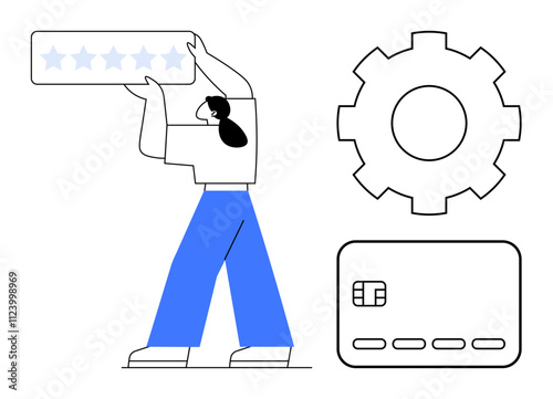Person holding a 5-star rating banner next to a gear and a credit card. Ideal for customer reviews, quality assurance, financial services, user feedback, service reliability, e-commerce