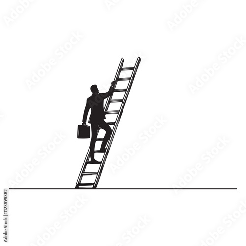 One continuous single drawing black line art doodle of a person climbing a ladder, symbolizing career growth and ambition