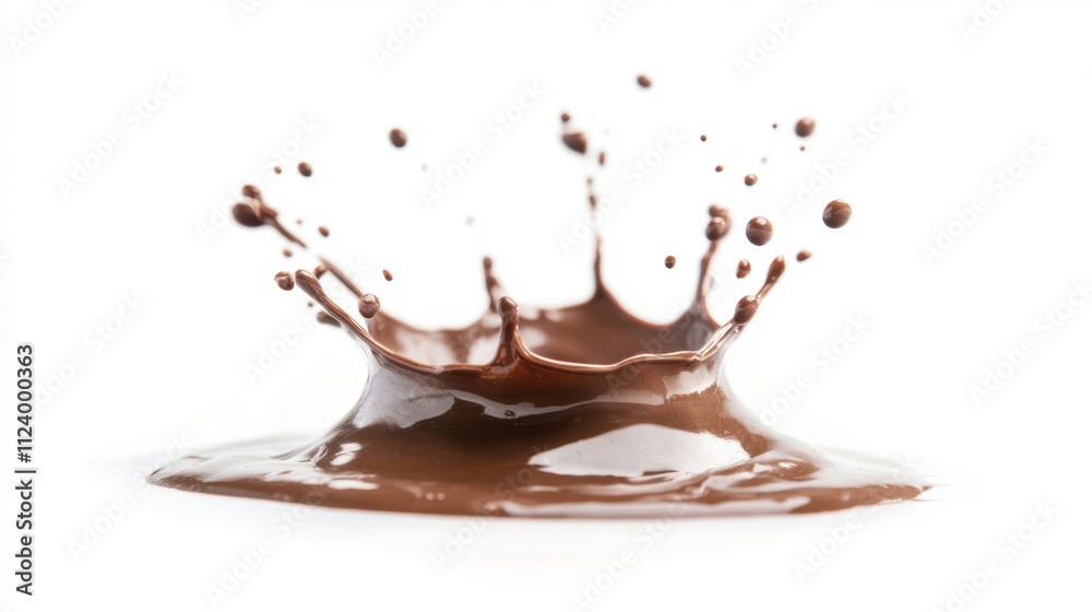 Fototapeta premium Melting chocolate forms a dynamic splash, showcasing rich texture and color on a clean white surface, emphasizing its delicious appeal