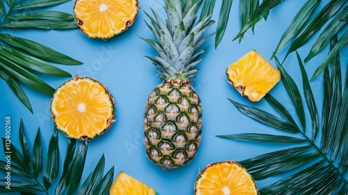 Fresh pineapple and slices artistically arranged with tropical leaves photo