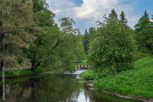 Slavyanka River Valley and the Black Bridge in the landscape part of the Pavlovsk Palace and Park Complex on a sunny summer day, Pavlovsk, Saint Petersburg, Russia photo