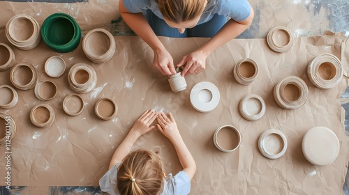 A top-down view of a woman and child crafting pottery together, surrounded by several clay pieces on a covered table.