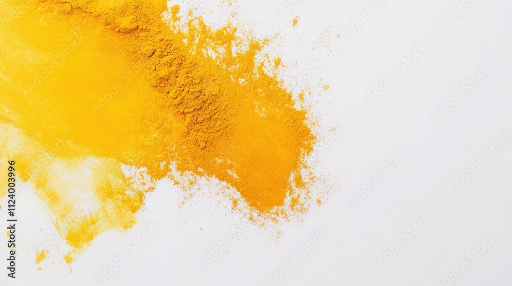 Obraz premium A vibrant yellow powder scattered on a white surface, suggesting use in cooking or art.