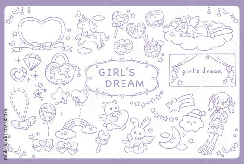 ゆめかわ、ガーリーなパステルトーンのイラスト素材。フレームも。ベクターイラスト素材。