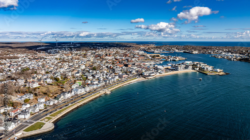Gloucester, MA, USA - November 29, 2024:  Autumn aerial, drone, photo of the City of Gloucester, Massachusetts, MA, USA.	