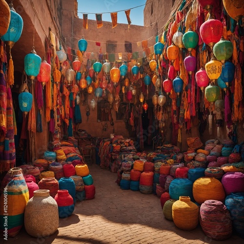 A colorful Moroccan market with vibrant textiles and lanterns.